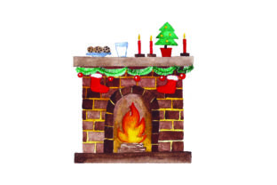 Christmas Crafts: Cookies Milk on Fireplace - Watercolor