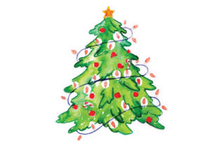 Christmas Tree with Decorations in Watercolor for Crafts