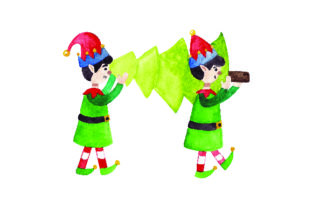 Elves Carrying Christmas Tree: Watercolor for Crafts